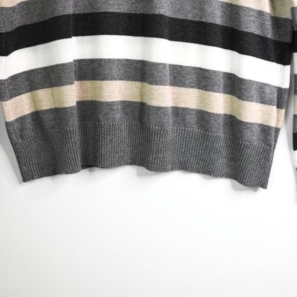 LIZ CLAIBORNE Gray Cream Tan Striped Long Sleeve Classic Soft Sweater - Size XL - Picture 4 of 8